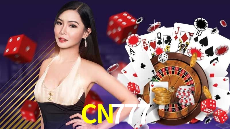 Escena dinámica inspirada en casino con iluminación CN777, cartas, fichas e íconos de juegos digitales en un espacio moderno de juegos.