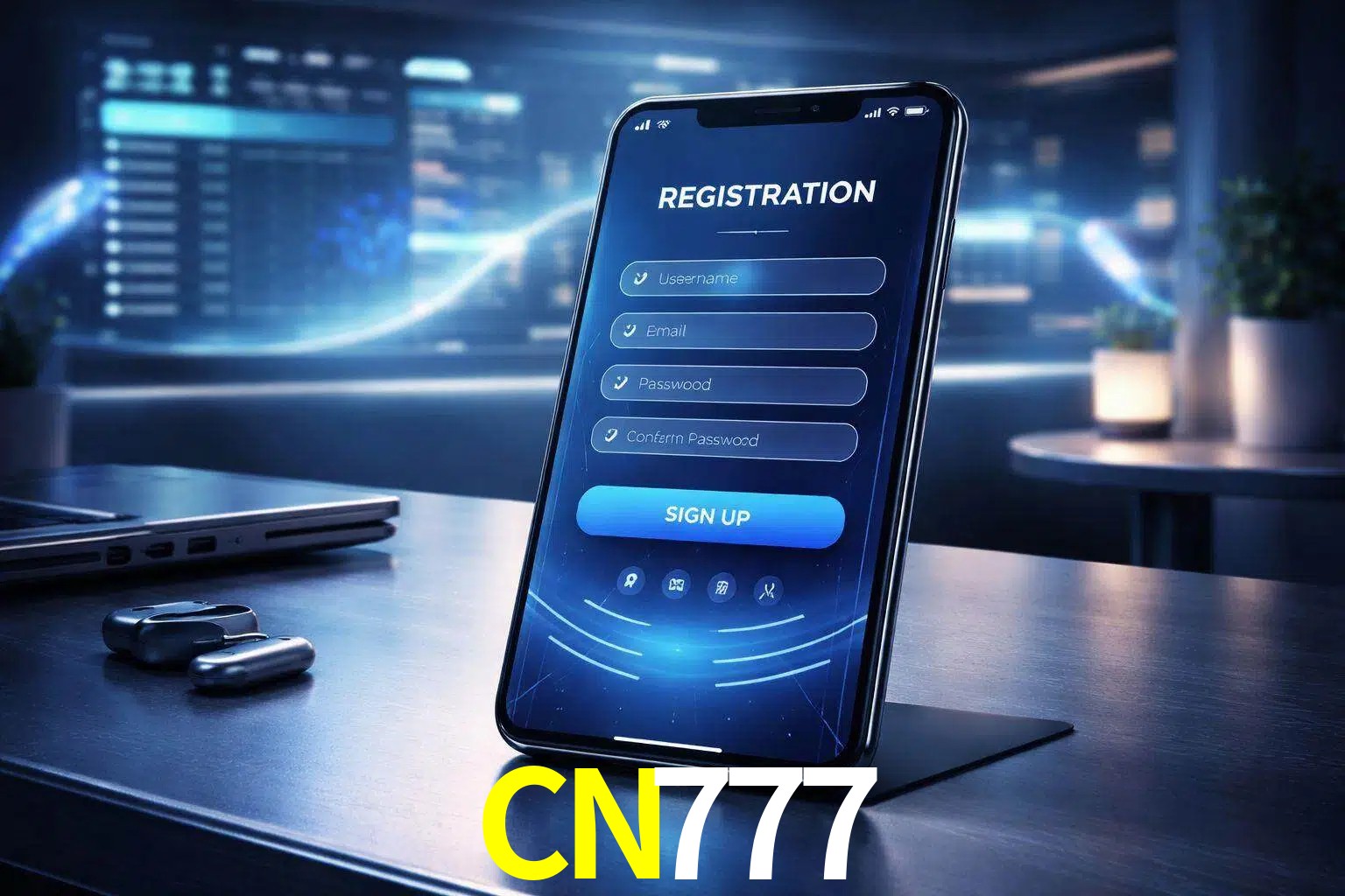 Una interfaz moderna de registro móvil para CN777 mostrada en un smartphone con un panel de apuestas elegante.